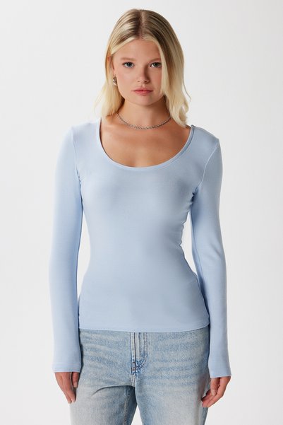Women's Heat Lux Touch U Neck Blue Long Sleeve Soft Blouse
