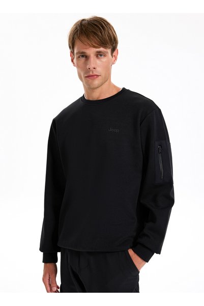 Crew Neck Plain Black Men's Sweatshirt J5Wm-Swt7390
