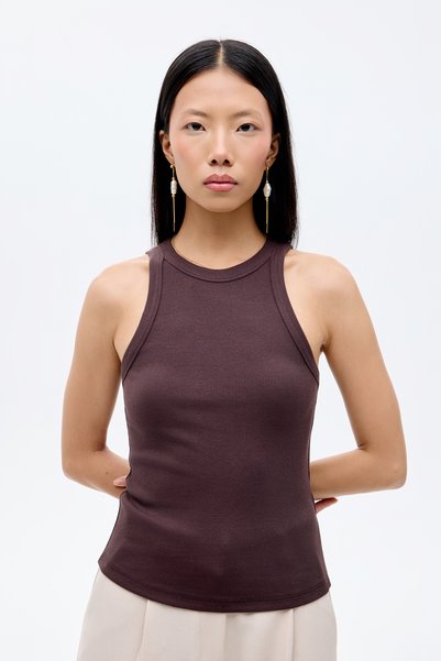 Halter Neck Basic Ribbed Undershirt Dark Brown