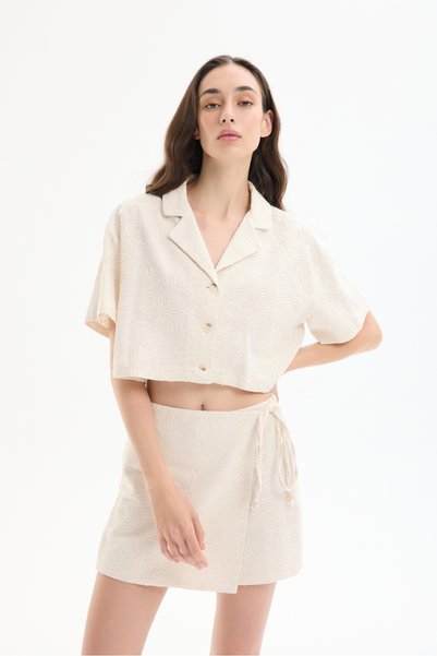 Embroidered Linen Crop Shirt Natural