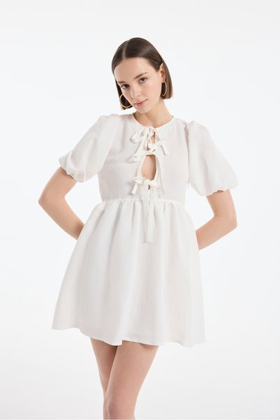 Balloon Sleeve Bow Tied Mini Dress Ecru