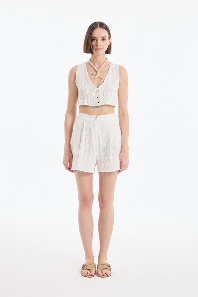 Pocket Detailed Textured Linen Mini Shorts Natural