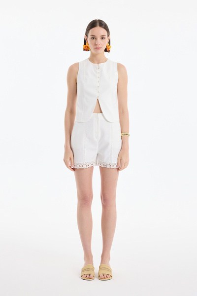 Lace Striped Mini Shorts Ecru