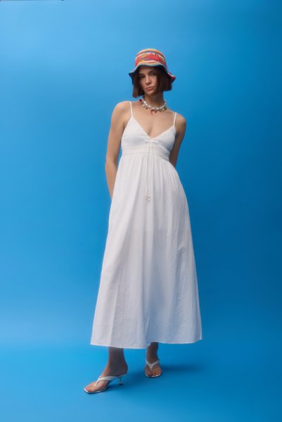 Stripe Gipe Detailed Strappy Long Dress Ecru