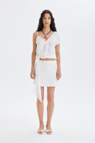 Pinstripe Tie Detail Shorts Skirt Ecru