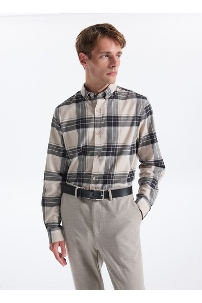 Regular Fit Button-Down Collar Plaid Beige - Navy Blue Men's Shirt F5Wm-Gml 2506