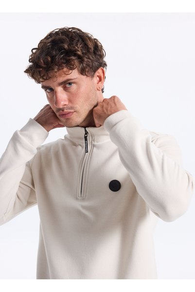 D5Wm-Swt3941 Beige Stand Collar Relaxed Plain Men's Sweatshirt