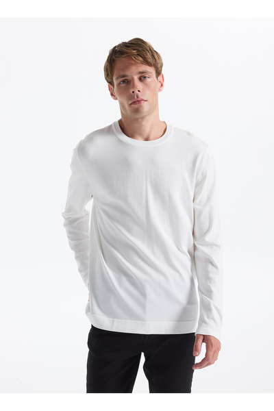 Crew Neck Slim Fit Plain Ecru Men's Sweater F5Wm-Kzk 2521