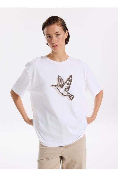 Crew Neck Printed White Women's T-Shirt F5Wl-Tst0384