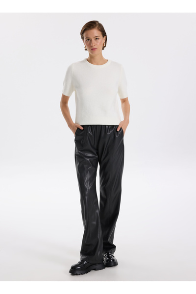 Elastic Waist Regular Black Women's Trousers F5Wl-Pnt0187