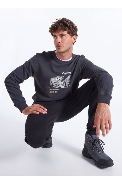 D5Wm-Swt3827 Anthracite Melange Crew Neck Relaxed Printed Men's Sweatshirt