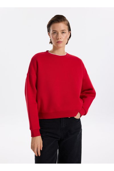 Crew Neck Plain Red Women's Sweatshirt Ravello-Y
