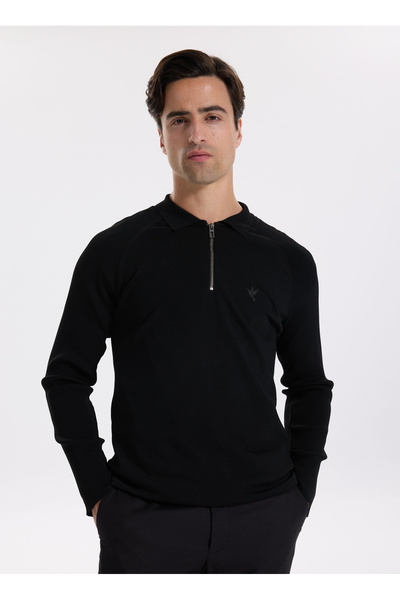 Polo Neck Slim Fit Plain Black Men's Sweater F5Wm-Kzk 2323