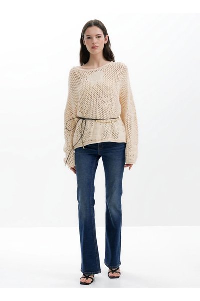 Crew Neck Regular Patterned Beige Sweater Women 25Swjf26