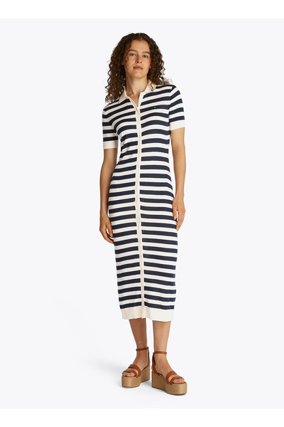 Round Neck White Midi Women's Dress WW0WW445290FC