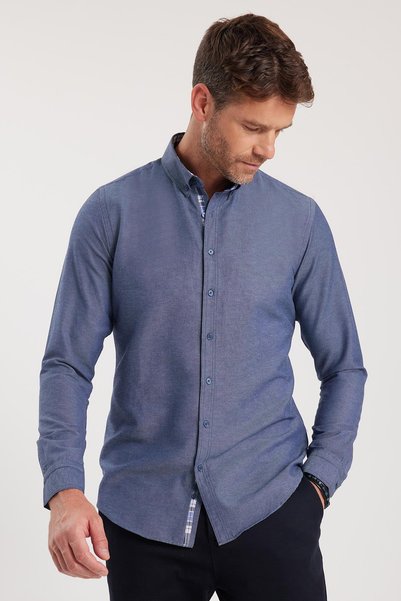Men's Slim Fit Slim Fit Long Sleeve Cotton Oxford Texture Navy Blue Buttoned Lapel Shirt