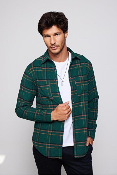 Машка Slim Fit кошула со долги ракави, карирана, со два џеба, зимска дрводелска кошула
