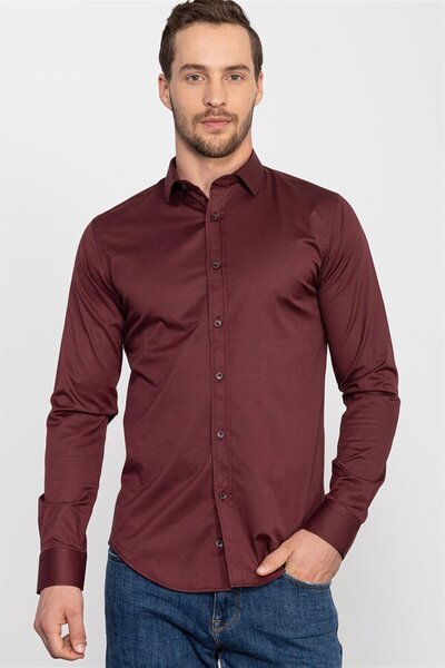 Slim Fit машка кошула со долги ракави, од памучен сатен со ликра, бордо