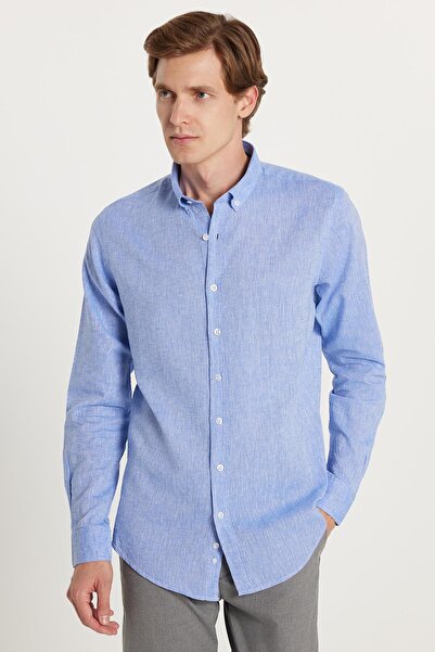 Машка Slim Fit тесна кројка со долги ракави ленена Premium серија со копчиња на јаката спортска сина кошула