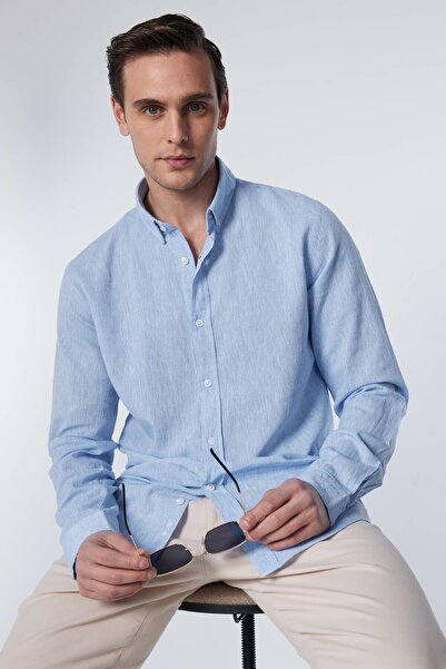 Машка Slim Fit тесна кројка со долги ракави ленена Premium серија со копчиња на јаката спортска сина кошула