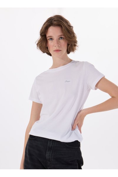 Crew Neck Plain Ecru Women's T-Shirt 50536628