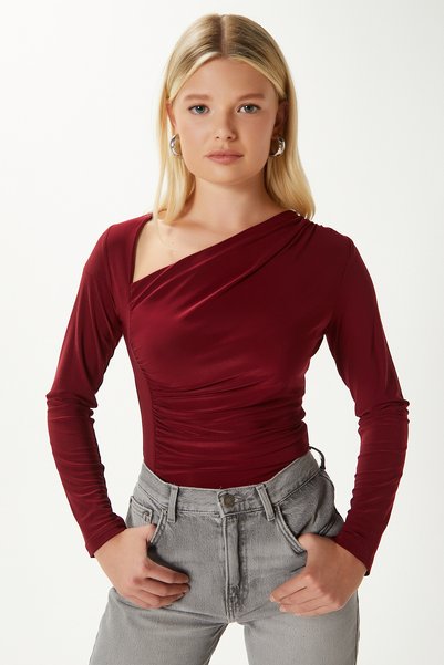 Women's True Bodycon Blouse with Side Gathered Neck Detail, Soft Stretchy Fabric, Burgundy Color