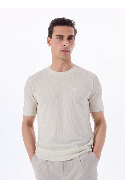 Beige Men's Crew Neck Relaxed Fit Linen Blended Sweater F5Sm-Kzk 2051