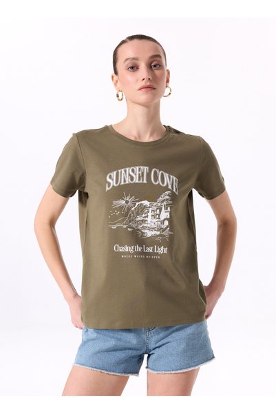 Crew Neck Printed Khaki Women's T-Shirt F5Sl-Tst0448