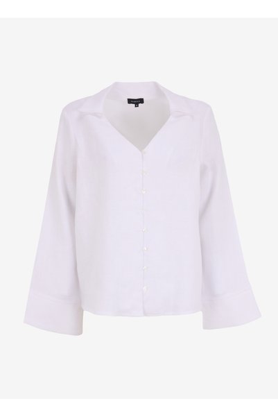 White Women's V Comfortable 100% Linen Shirt F5Sl-Gml0322