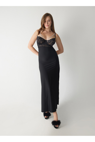 Black Women's V-Neck Regular Fit Nightgown 82160