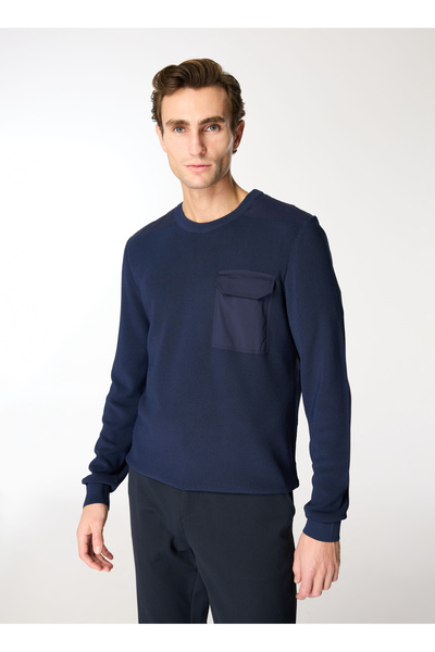 Crew Neck Basic Plain Navy Blue Men's Sweater F4Wm-Kzk F52