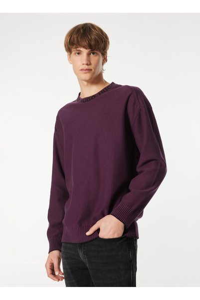 Crew Neck Oversize Plain Purple Men's Sweater 50474813_Smarlo