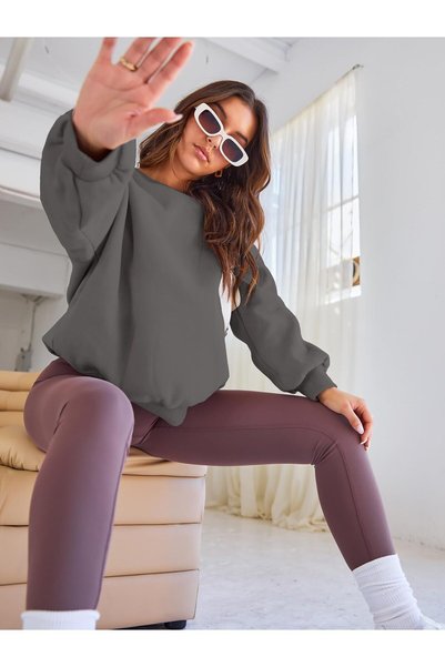 Women's Oversize Thick Soft Crew Neck Sweatshirt Smoked