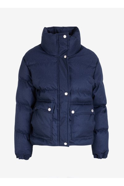 Blue Women's Stand Collar Regular Fit Washed Puffer Coat M4Wl-Mnt-1058