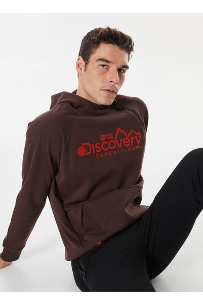Dark Brown Men's Hooded Collar Relaxed Printed Sweatshirt D4Wm-Swt3264