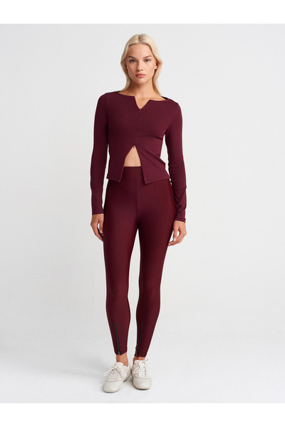 7934 Zipper Detailed Leggings-Burgundy
