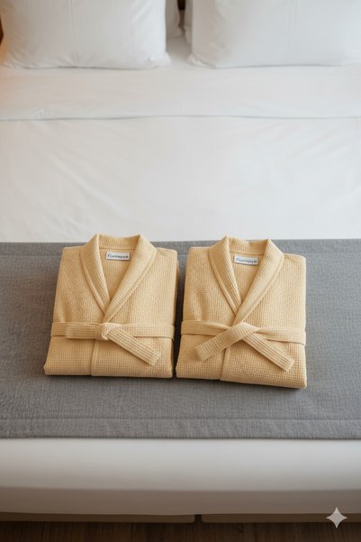 Set of 2 Azur Premium Wafer Pattern Beige Luxury Bathrobes, 2 Pieces Dowry Bathrobes, Standard Size - L/Xl