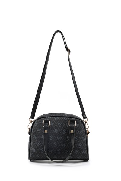 Monogram Printed Black Shk205 Faux Leather Zippered Single Compartment Adjustable Strap Hand, Arm and Shoulder Bag
