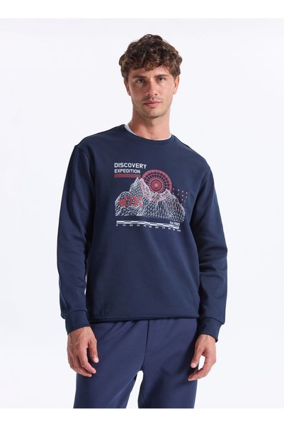 D5Wm-Swt3799 Navy Blue Crew Neck Relaxed Printed Men's Sweatshirt