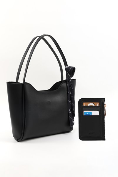 Black Shk250 Faux Leather Large Zippered Shoulder Bag and Wallet Set (Shk240-Shk101)