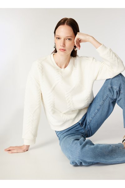 Crew Neck Knitted Patterned Ecru Women's Sweatshirt M4Wl-Swt-1927