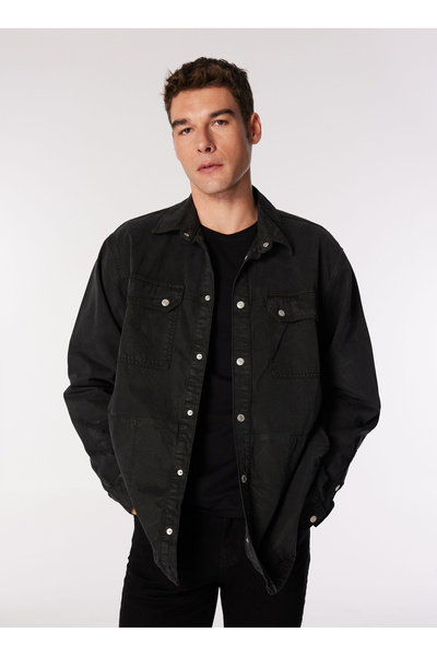 Jeans Normal Black Plain Men's Shirt 245D1403_KLJ MIX MATERIAL JACKET