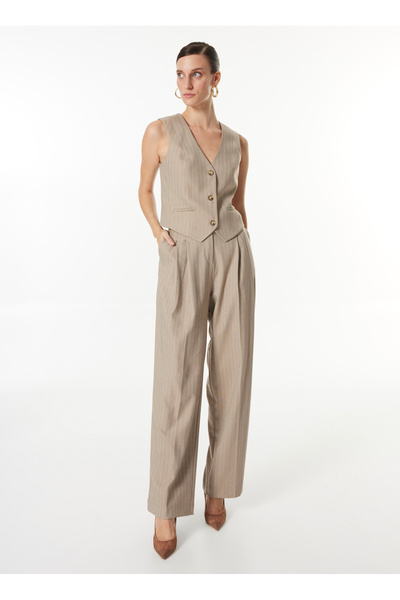Beige Women's Loose Fit Trousers F4Wl-Pnt0227