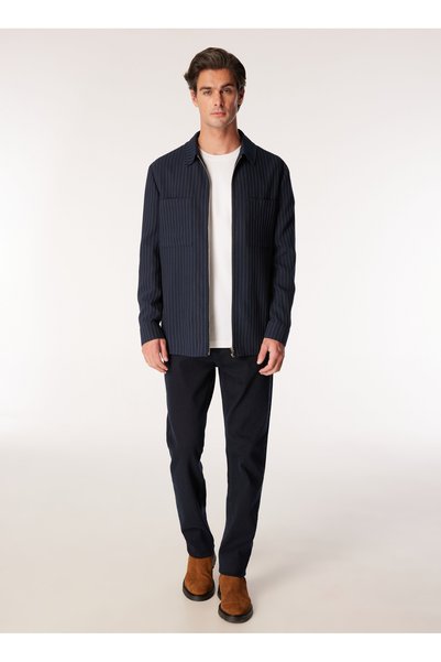 Navy Blue Men's Basic Striped Shirt Jacket F4Wm-Gml 2822
