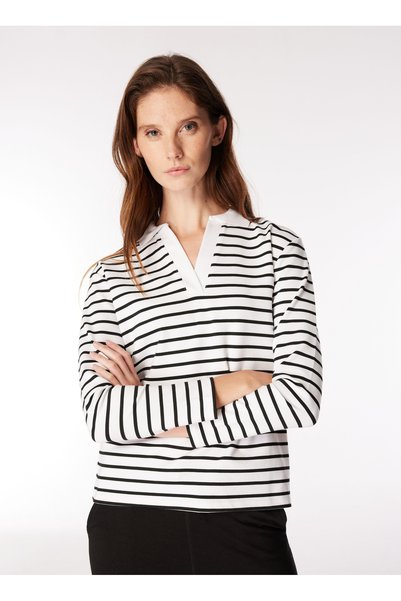 Polo Neck Striped White - Black Women's Sweatshirt Pbf4Wl-Swt5557