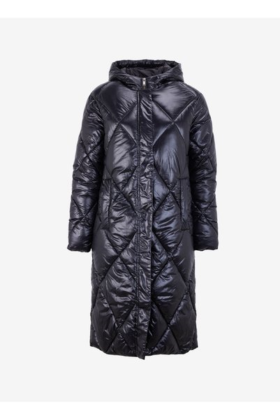 Black Women's Hooded Long Fit Quilted Coat Fc4Wl-Mnt0436