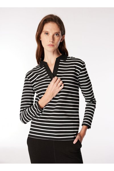 Polo Neck Striped Black - White Women's Sweatshirt Pbf4Wl-Swt5557