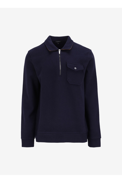 Polo Neck Plain Navy Blue Men's Sweatshirt Fc4Wm-Swt 2116