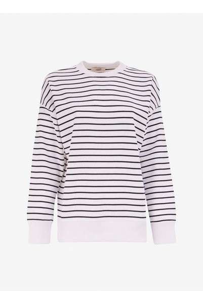 Crew Neck Striped White - Black Women's Sweatshirt Pbf4Wl-Swt5556