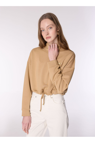 Stand Collar Printed Beige Women's Sweatshirt M4WL-SWT-1006